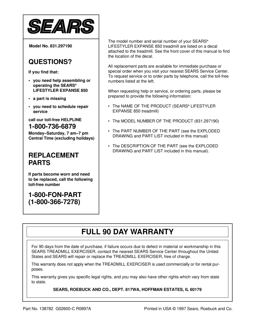 Sears 850 Full 90 DAY Warranty, Model No, Lifestyler Expanse, SEARS, Roebuck and CO., Dept WA, Hoffman ESTATES, IL 