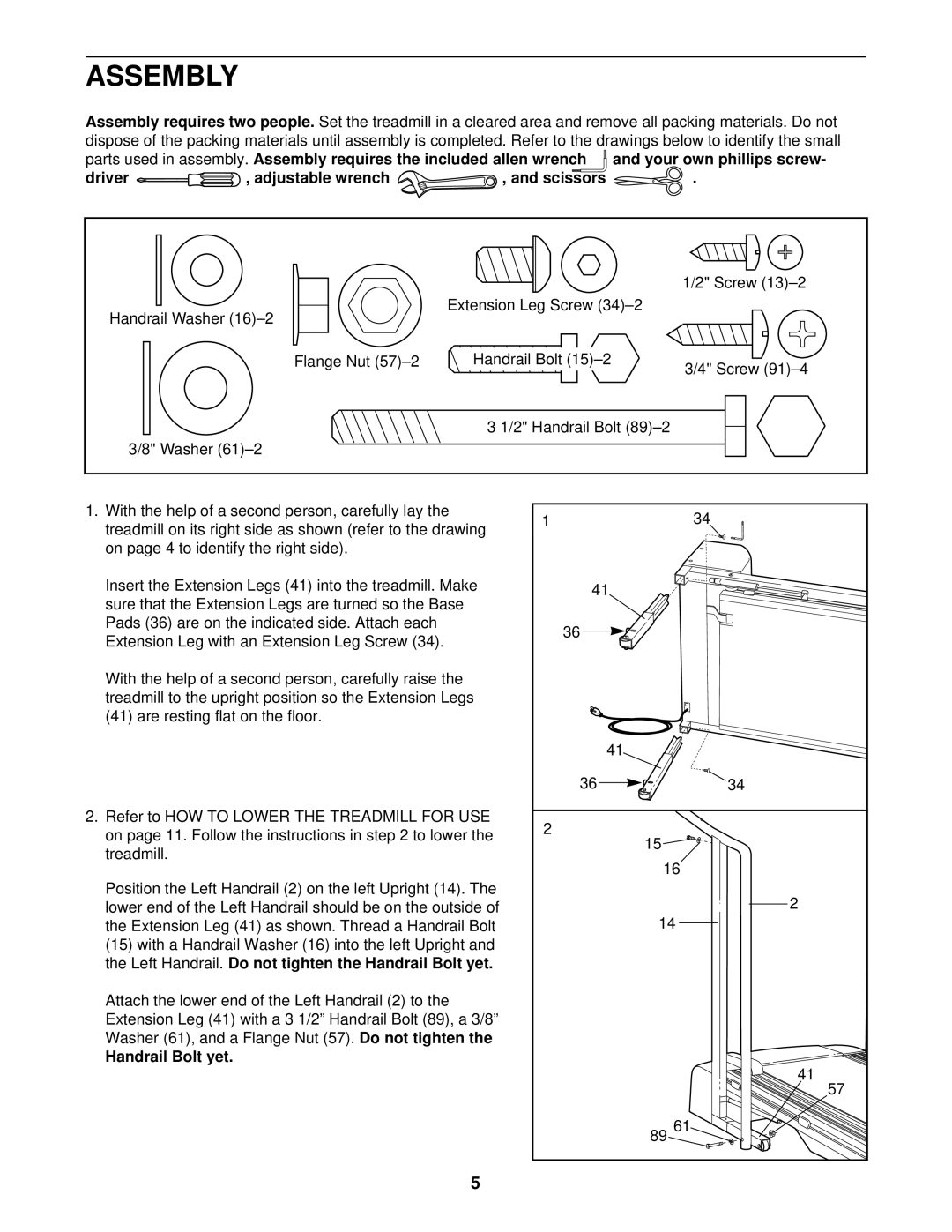 Sears 850 user manual Assembly, Driver , adjustable wrench , and scissors, Handrail Bolt yet 