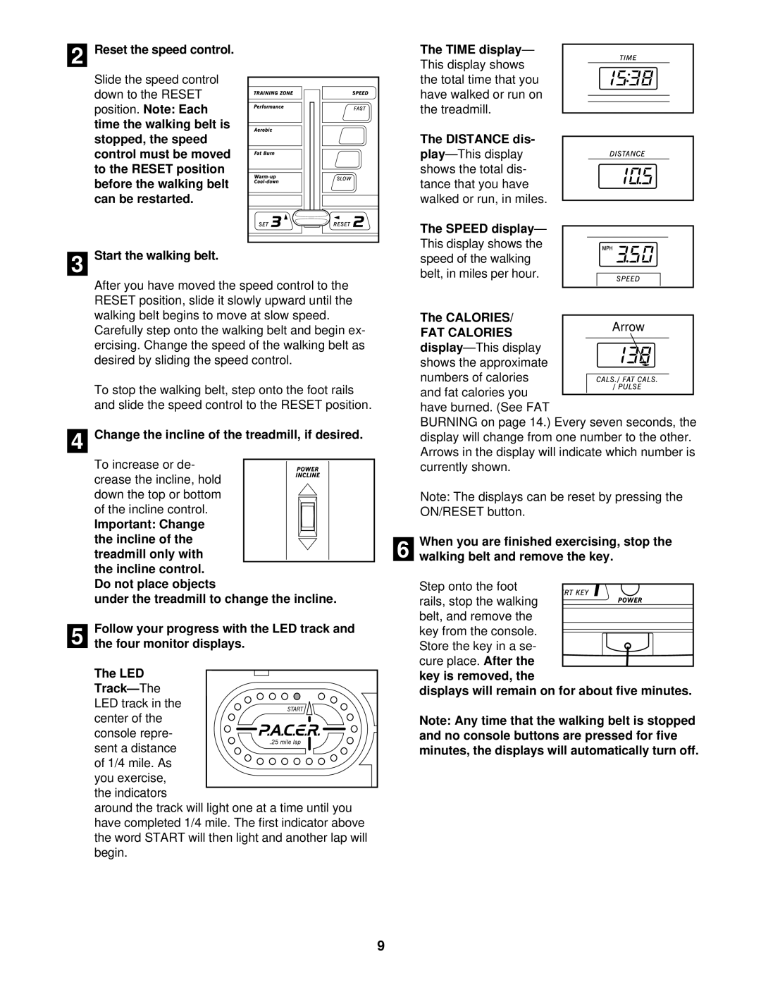 Sears 850 Reset the speed control, Start the walking belt, Change the incline of the treadmill, if desired, FAT Calories 