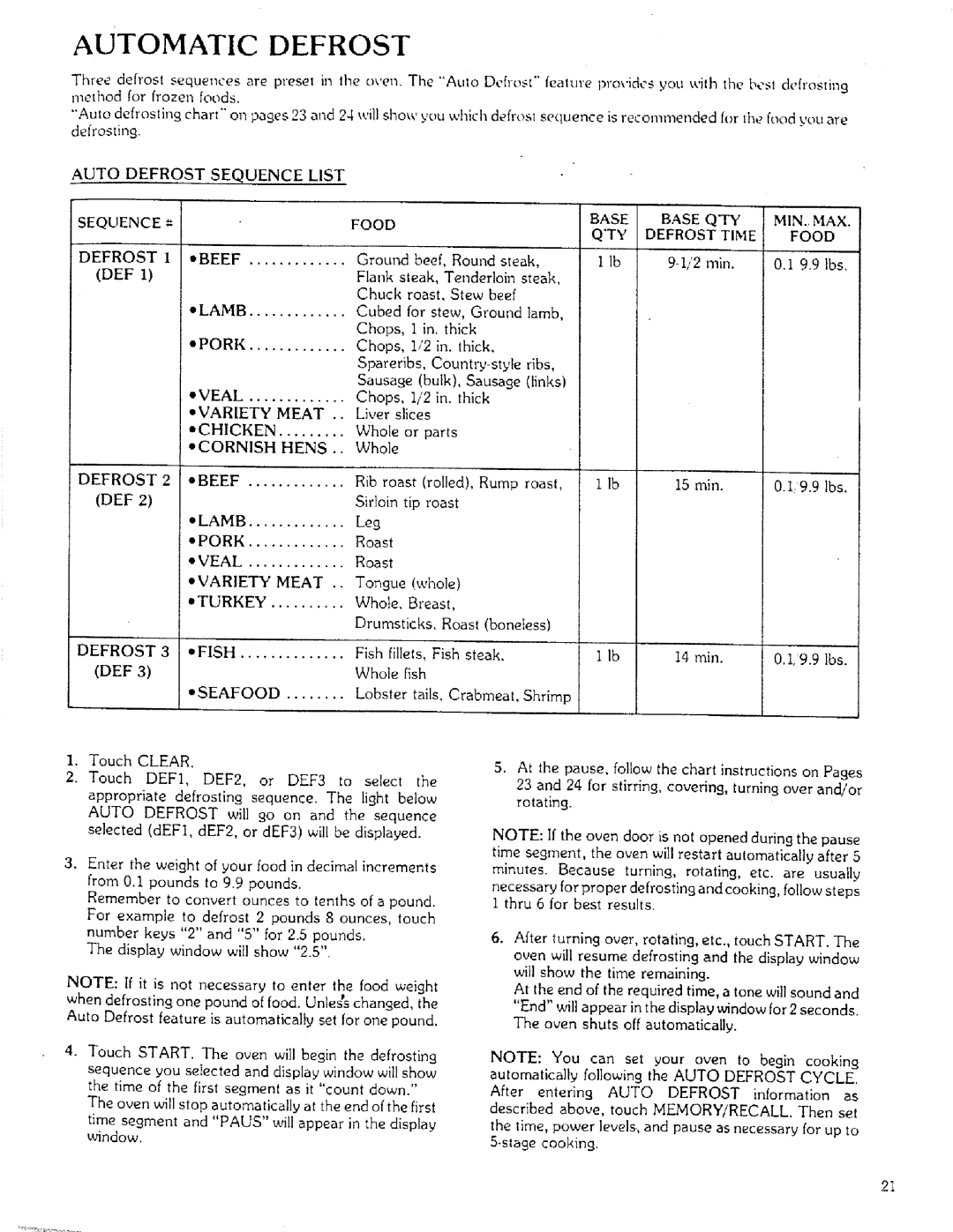 Sears 85951 manual Automatic Defrost, Ground Beef, Round steak, I, 9.9 Ibs 