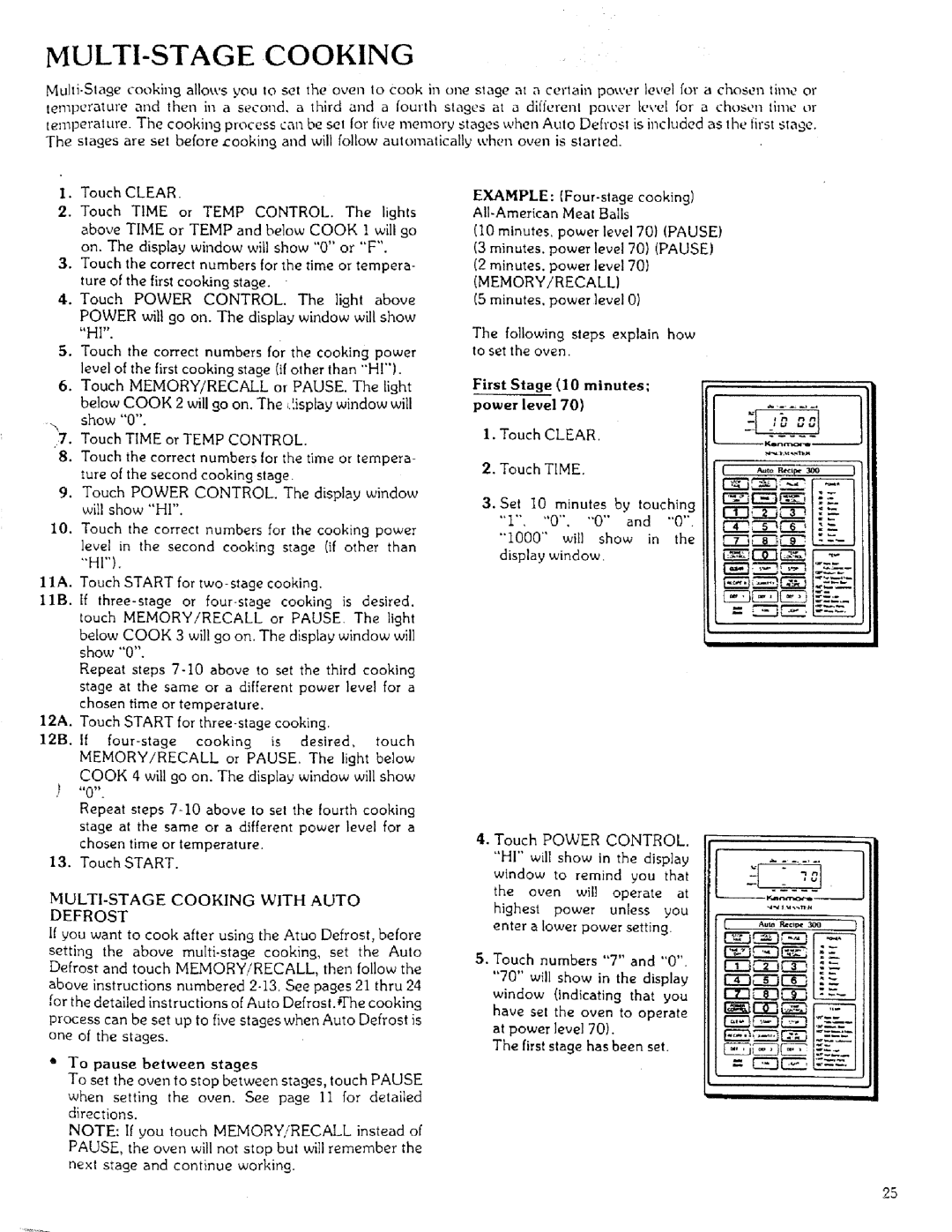 Sears 85951 MULTI-STAGE Cooking, First Stage 10 minutes Power level, Touch Clear Touch Time, First stage has been set 