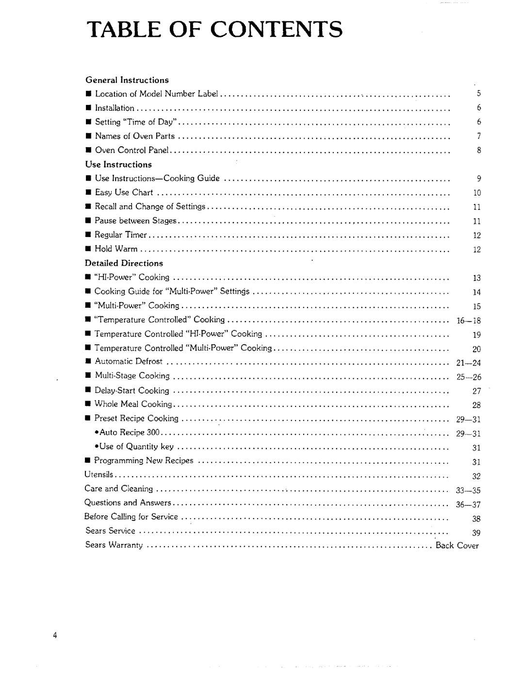 Sears 85951 manual Table of Contents 