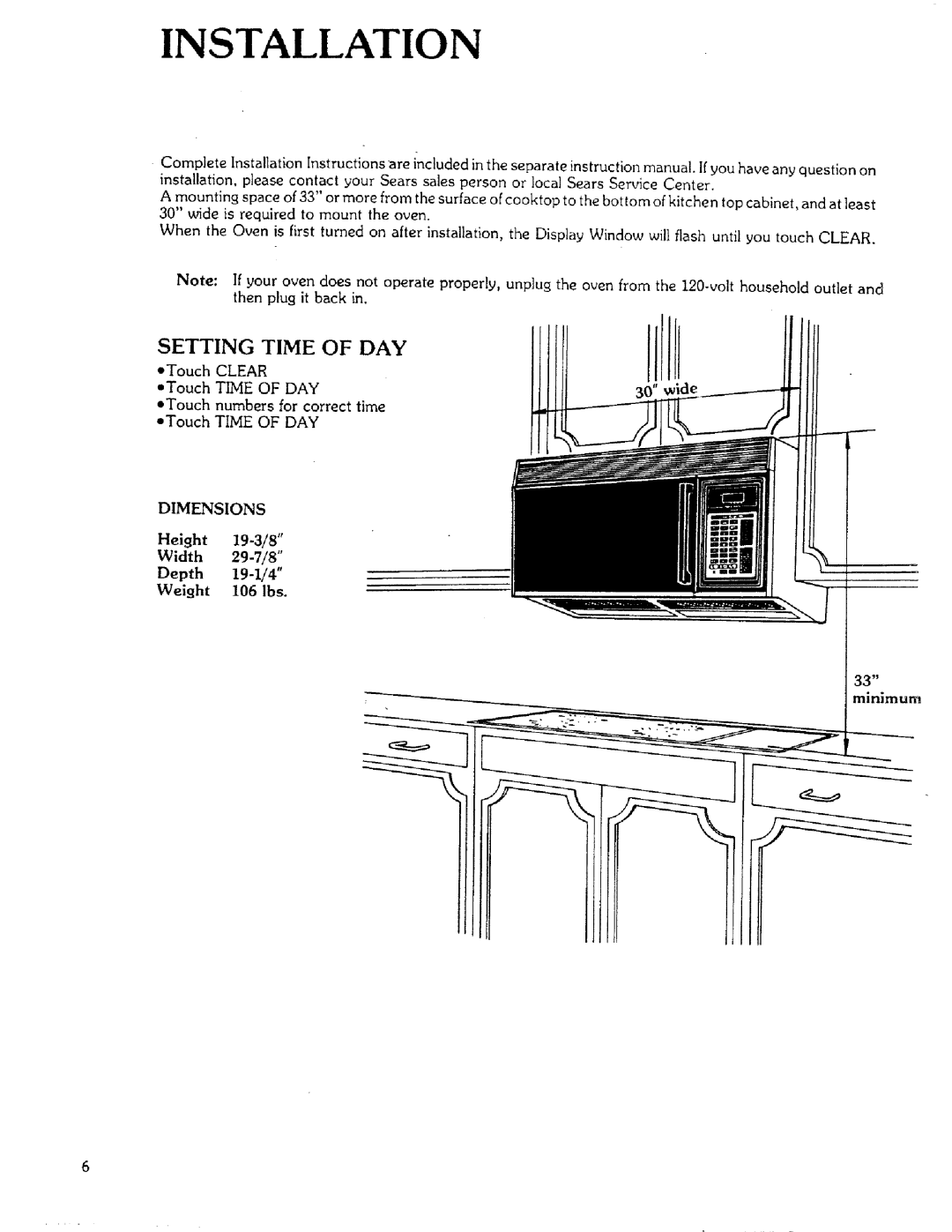 Sears 85951 manual Installation, Setting Time of DAY, Dimensions, Width 29.7/8 Depth 19-1/4, Minimum 