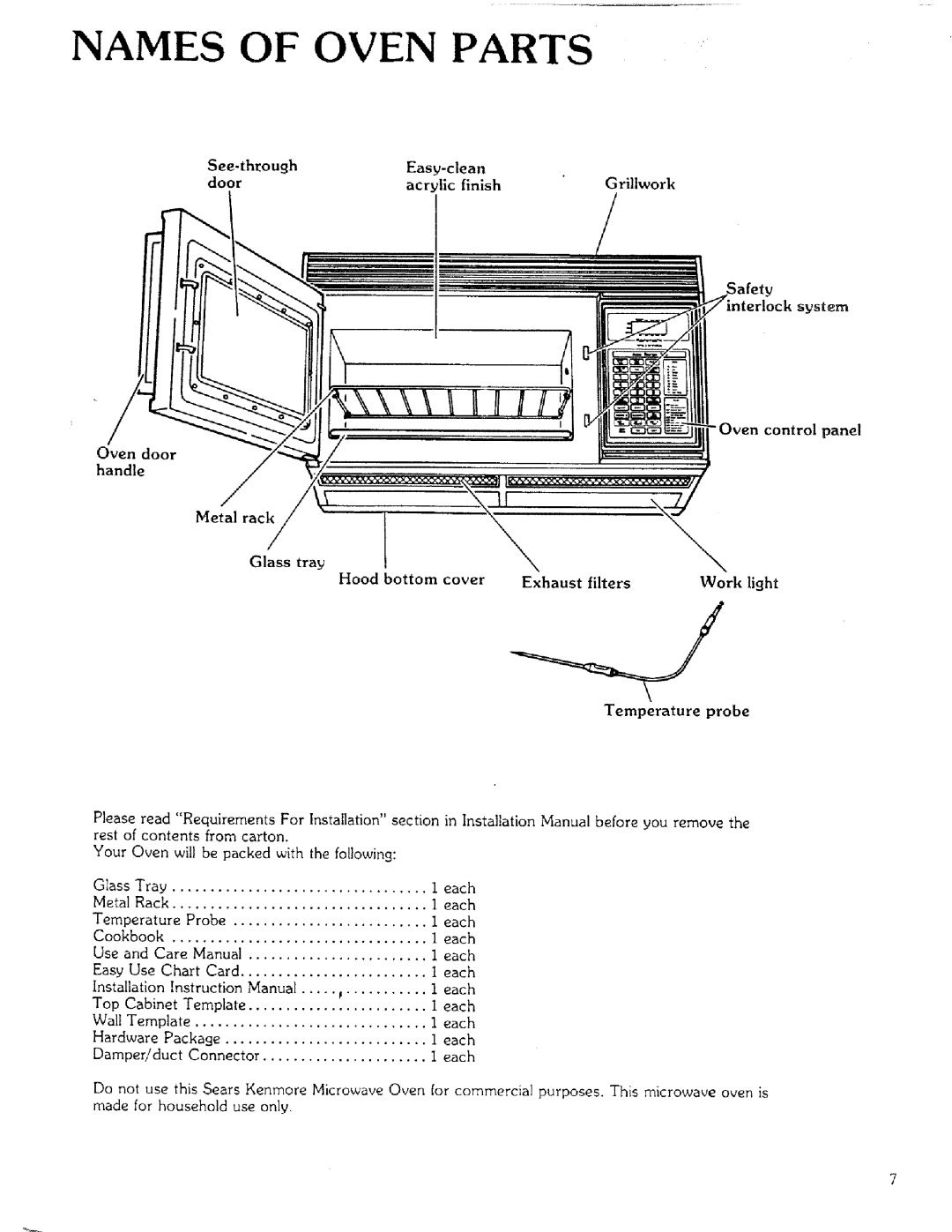 Sears 85951 manual Names of Oven Parts, Oven door handle, Work light, Temperature probe 