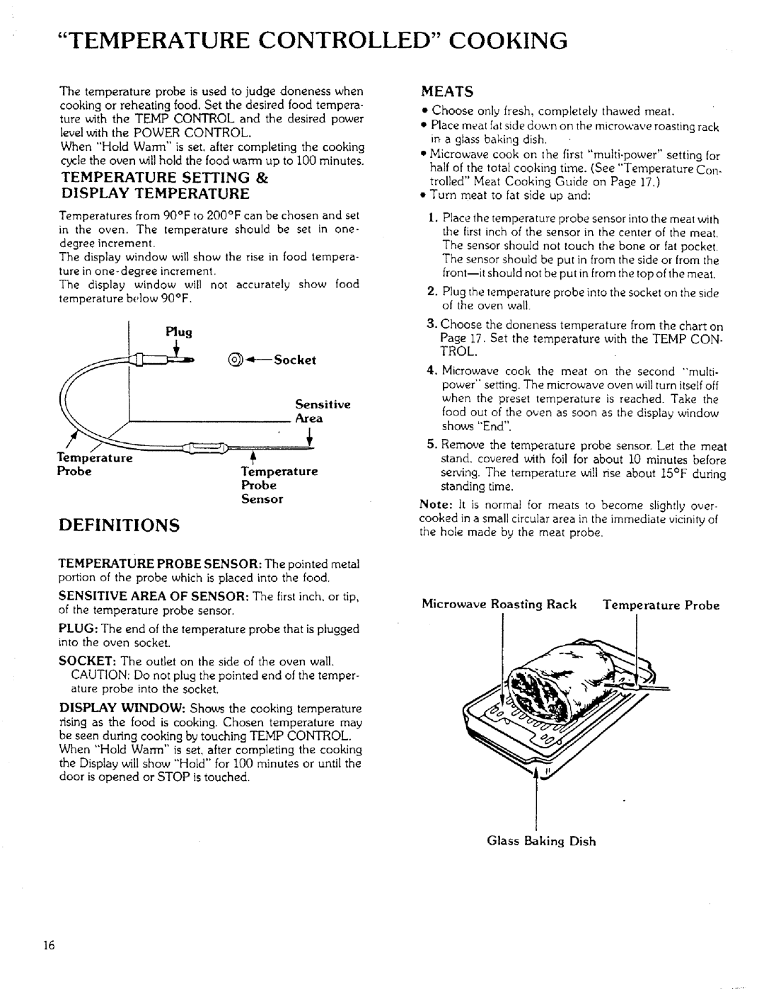 Sears 85951 manual Temperature Controlled Cooking, Definitions, Meats, Microwave Roasting Rack Temperature Probe 