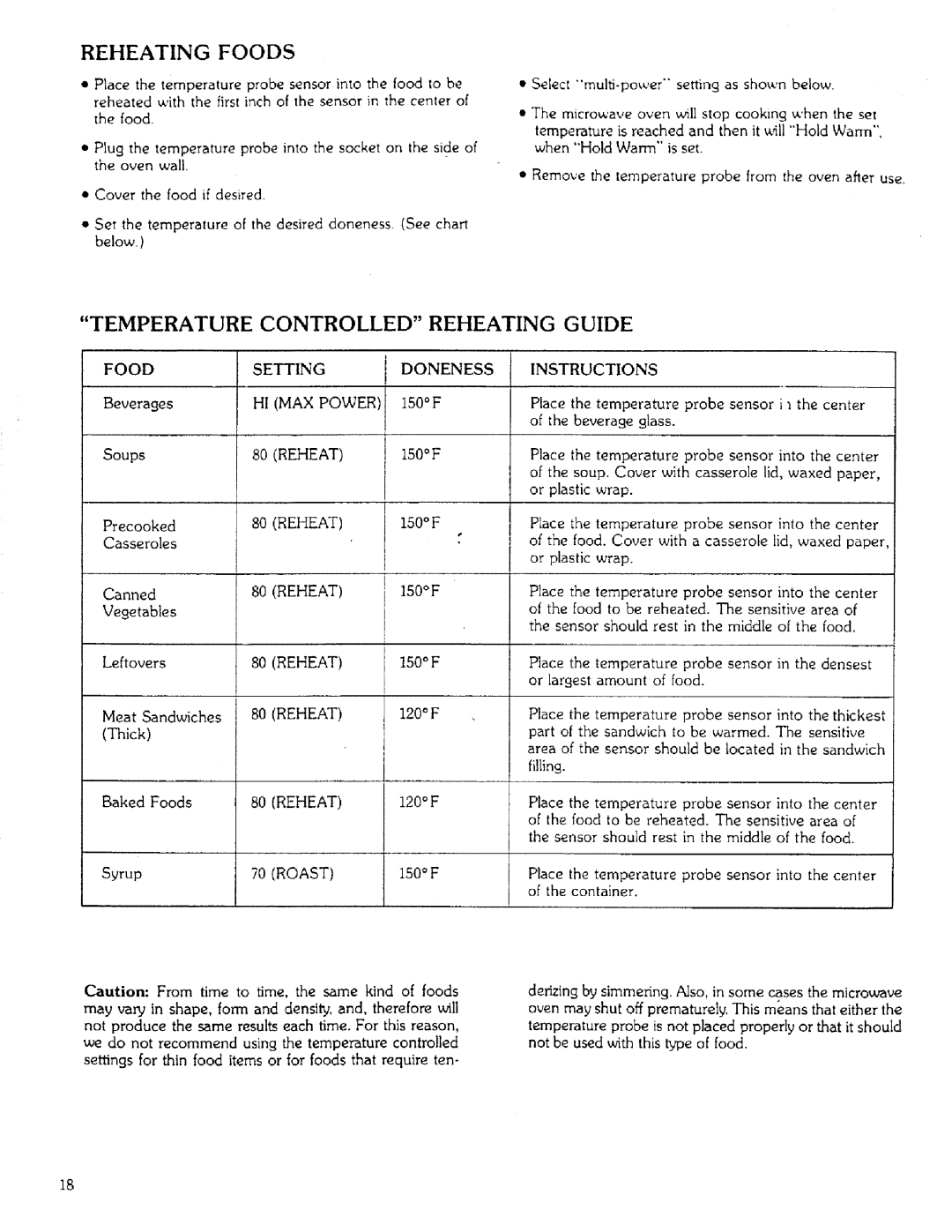 Sears 85951 manual Reheating Foods, Temperature, Controlled, Guide, Thick 