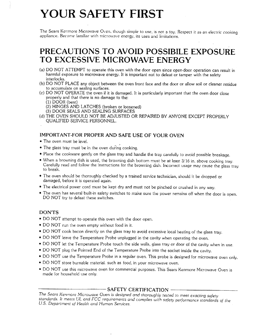 Sears 85951 manual Your Safety First, Precautions To Avoid Possibile Exposure, To Excessive Microwave Energy 