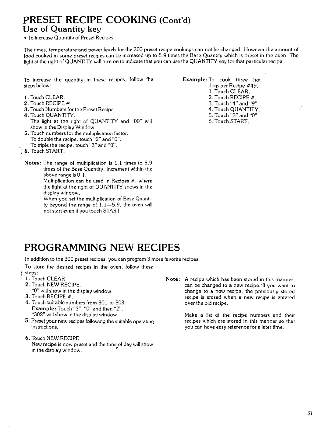 Sears 85951 manual Programming, Recipes, Use of Quantity key, PRESET RECIPE COOKING Contd, three 
