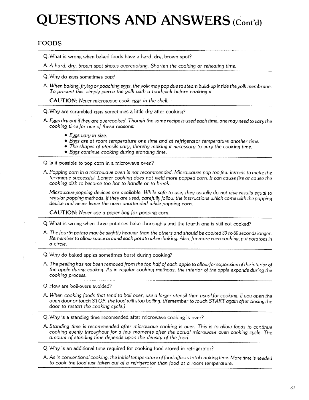 Sears 85951 manual QUESTIONS AND ANSWERS Co,-,td, Foods 