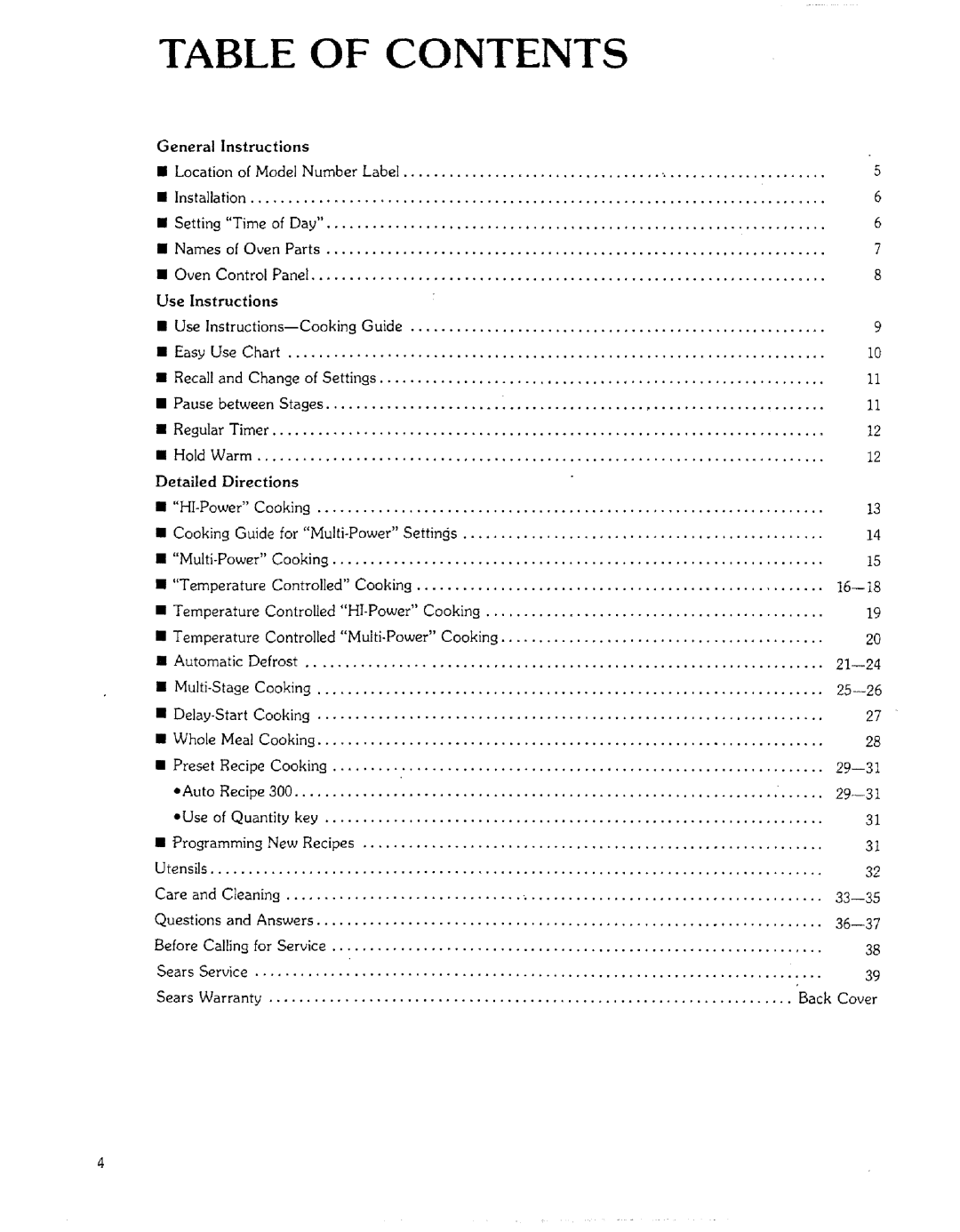 Sears 85951 manual Table Of Contents, Instructions 