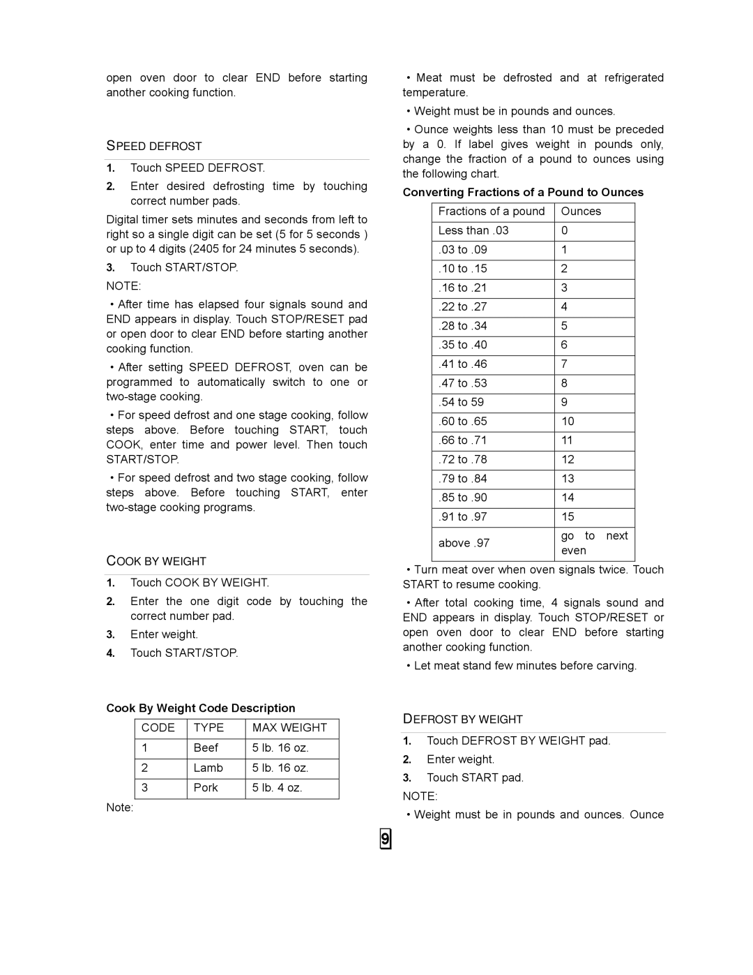 Sears 86030 Start/Stop, Cook By Weight Code Description, Code Type MAX Weight, Converting Fractions of a Pound to Ounces 