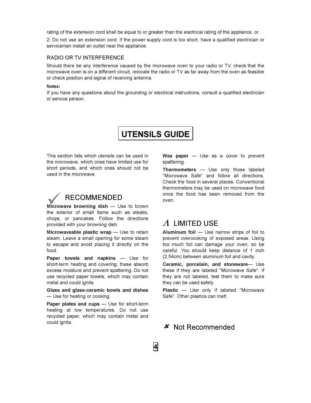 Sears 86030 user manual Utensils Guide, Radio or TV Interference 