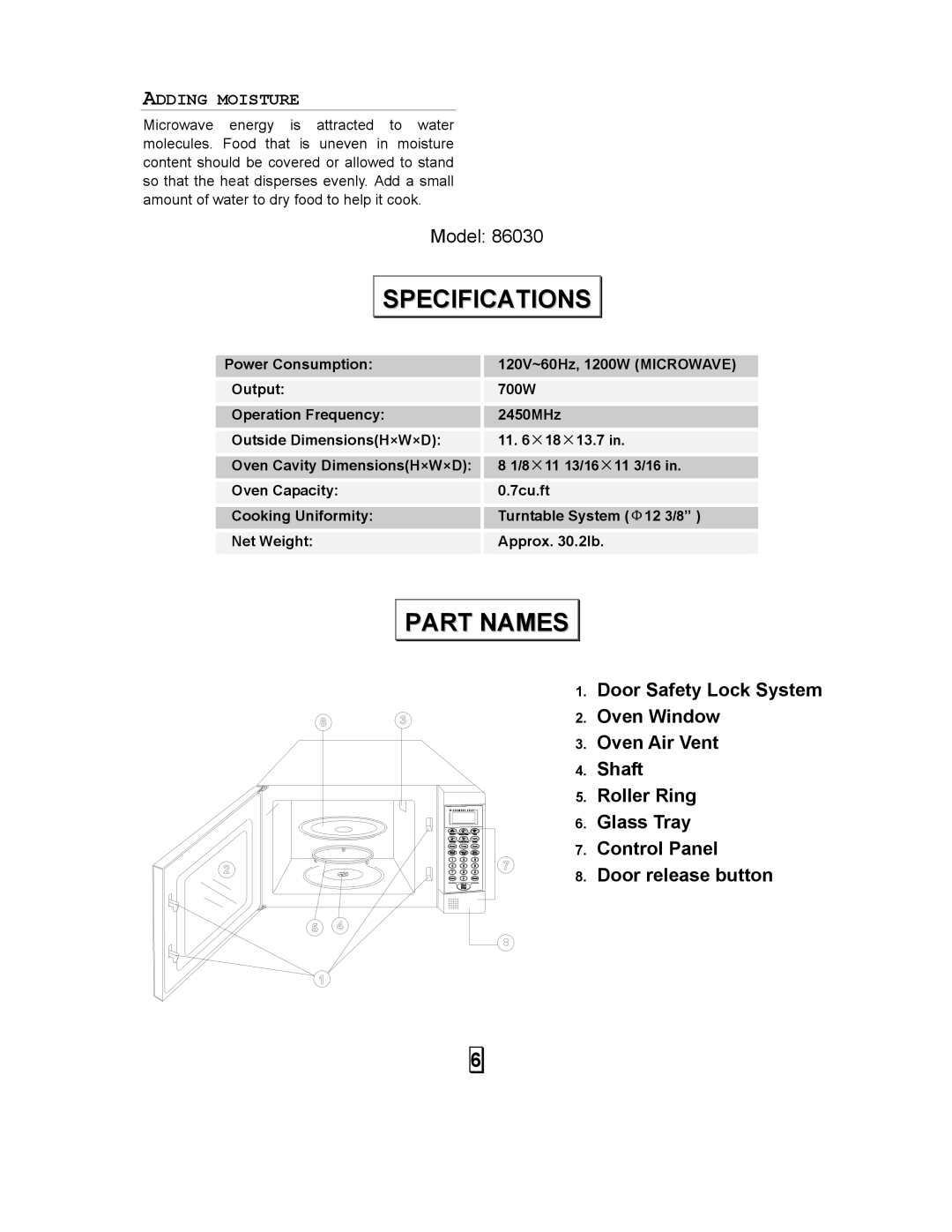 Sears 86030 user manual Specifications, Part Names, Turntable System Φ12 3/8 Approx .2lb 