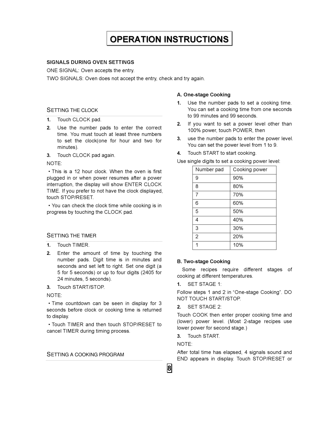 Sears 86030 user manual Operation Instructions, One-stage Cooking, Two-stage Cooking, SET Stage 