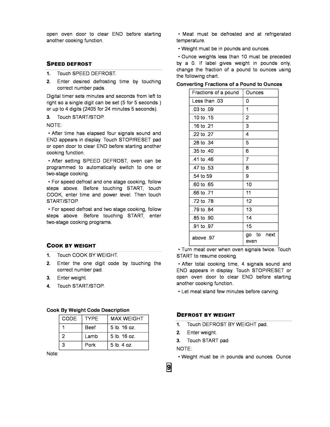 Sears 86030 user manual Cook By Weight Code Description, Converting Fractions of a Pound to Ounces 