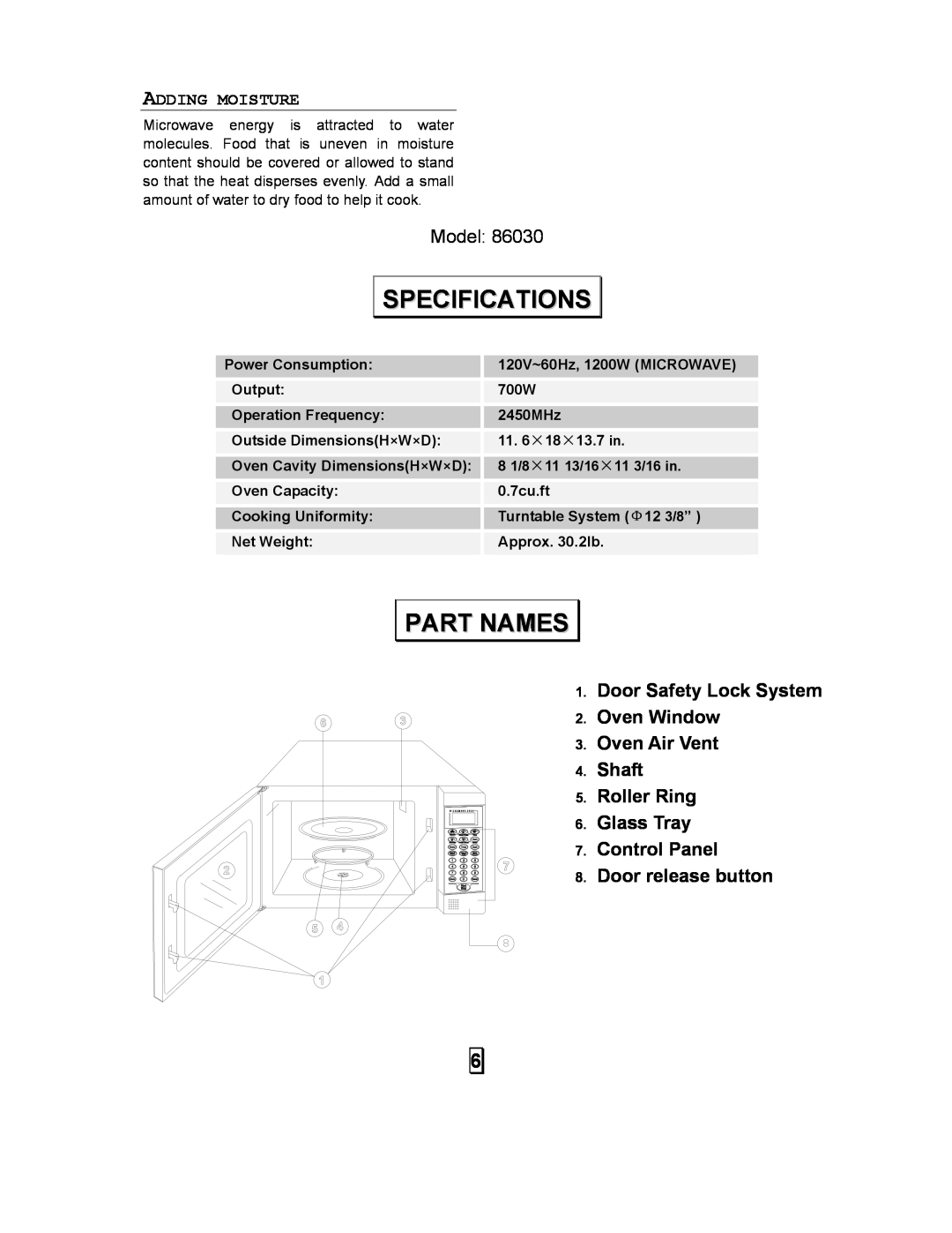 Sears 86030 Specifications, Part Names, Adding Moisture, Model, Door Safety Lock System 2.Oven Window, Door release button 