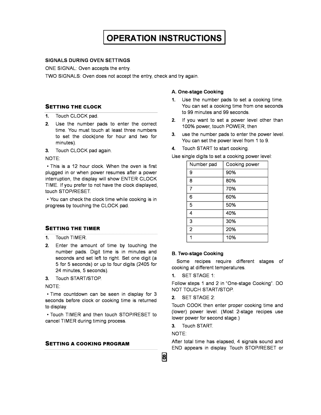 Sears 86030 user manual Operation Instructions, Signals During Oven Settings, A. One-stageCooking, B. Two-stageCooking 
