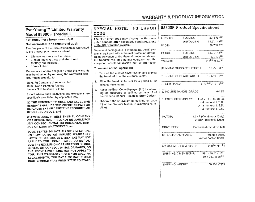 Sears 88800F warranty ±.tEqJL, For consumer I home use onlyl 