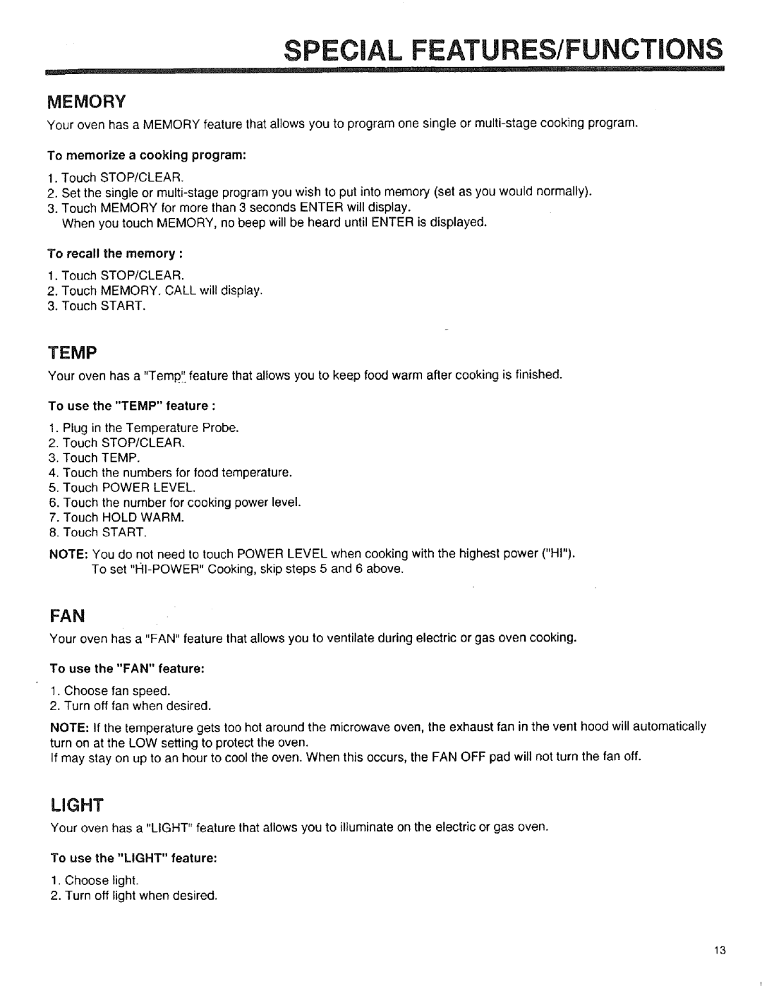 Sears 89951, 89952, 89950 manual Memory, Temp, Fan, Light 