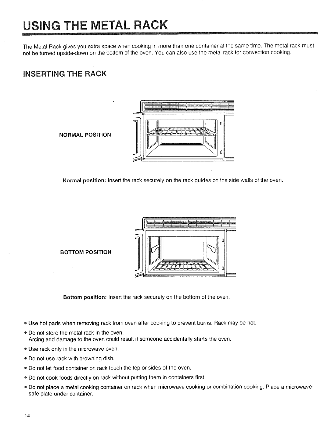 Sears 89950, 89952, 89951 manual Inserting the Rack, Normal Position, Bottom Position 