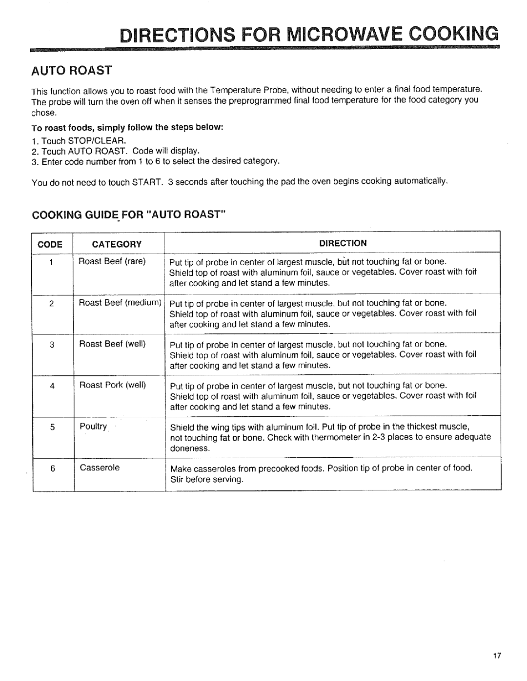 Sears 89950, 89952, 89951 manual Auto Roast, Code Category, Direction 