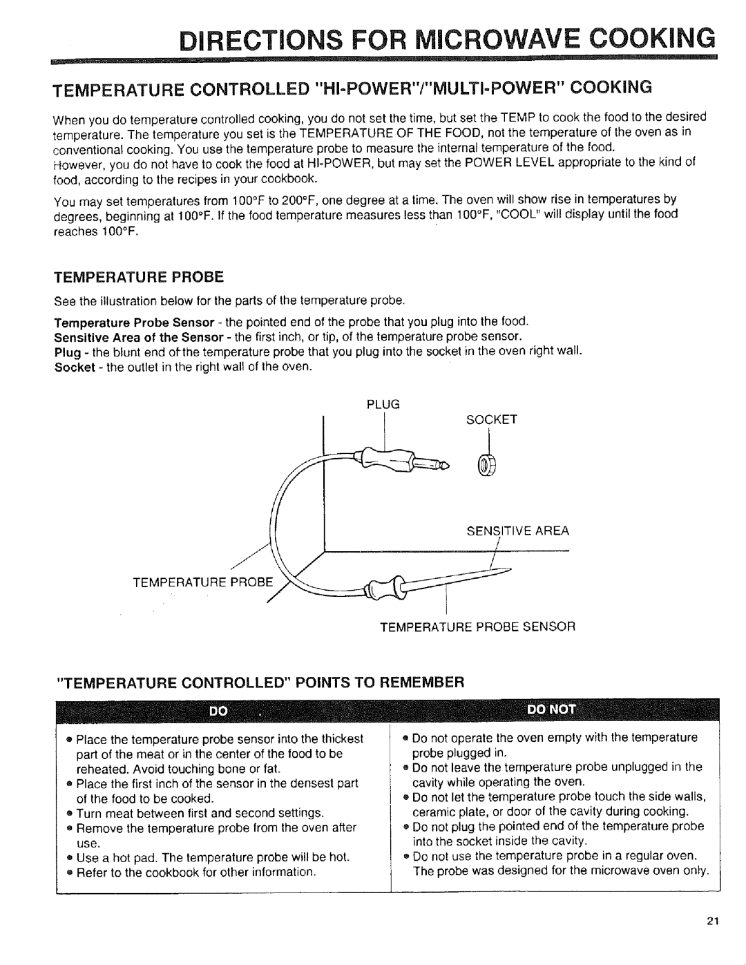 Sears 89952, 89951, 89950 manual Temperature Controlled HI=POWER/MULTI-POWER Cooking, Temperature Probe 