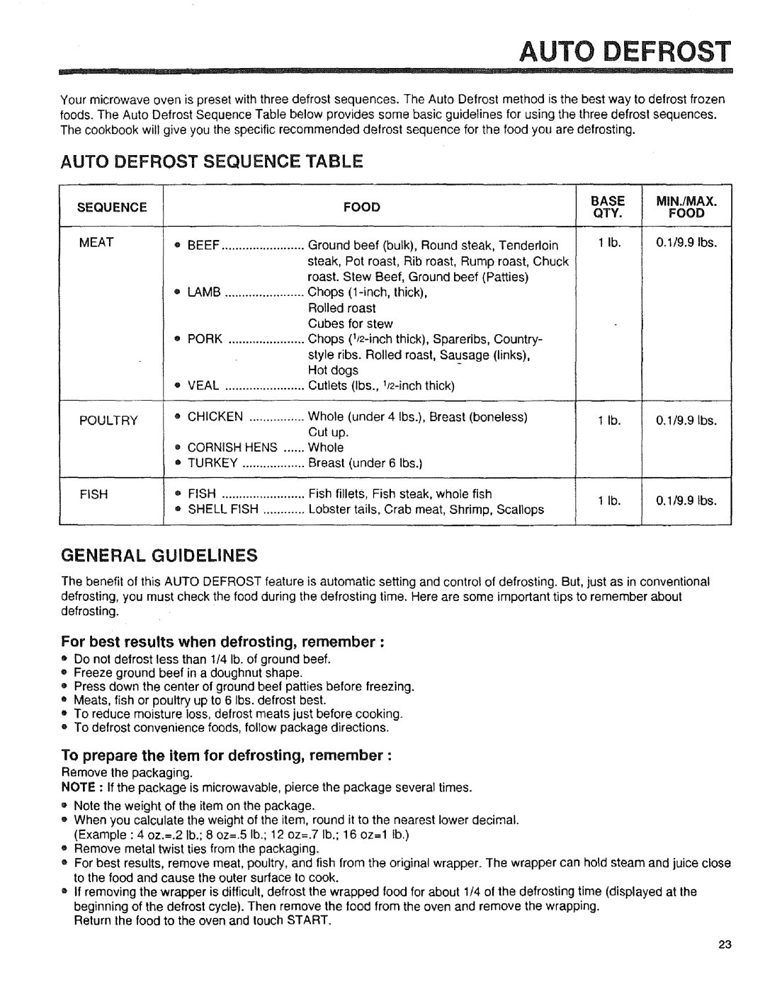 Sears 89950, 89952, 89951 manual Auto Defrost Sequence Table, General Guidelines, Food, Base MIN./MAX QTY.FOOD 