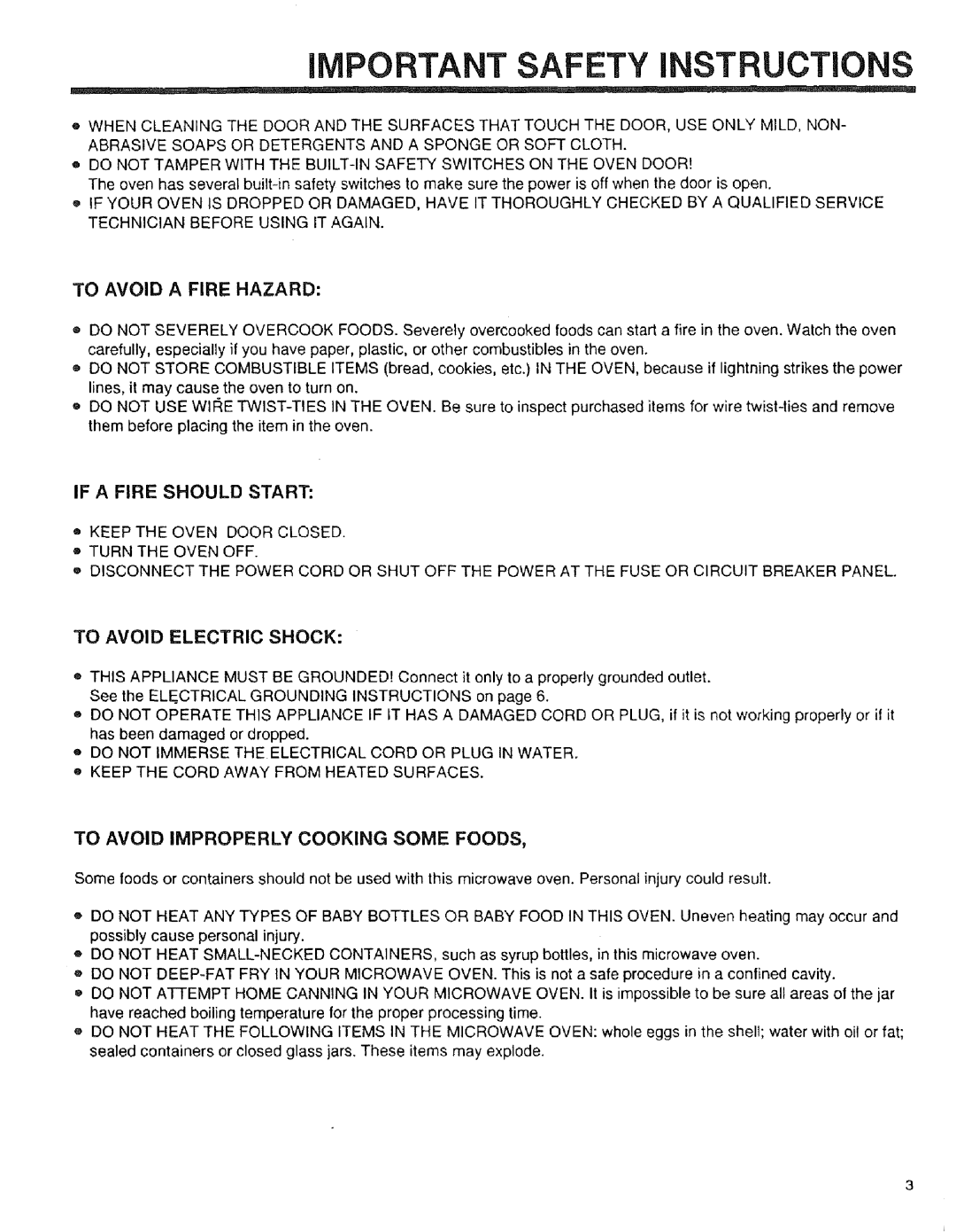 Sears 89952, 89951, 89950 manual To Avoid a Fire Hazard, If a Fire should Start, To Avoid Electric Shock 