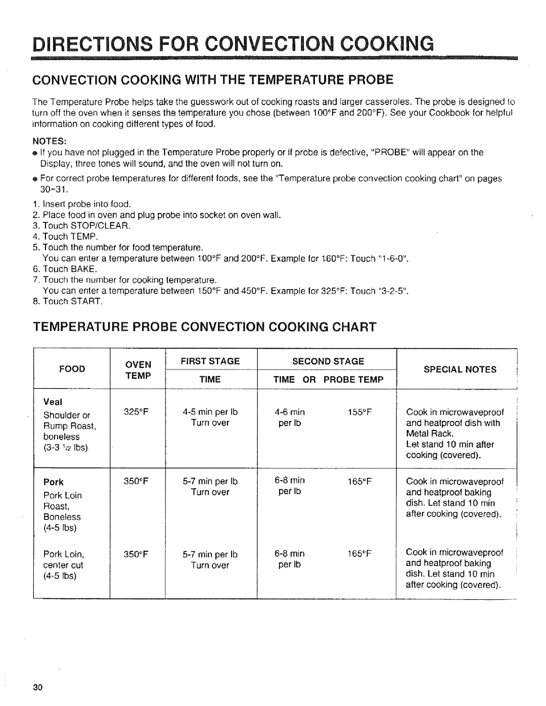 Sears 89952, 89951, 89950 DiRECTiONS for Convection Cooking, Convection Cooking with the Temperature Probe, Special Notes 