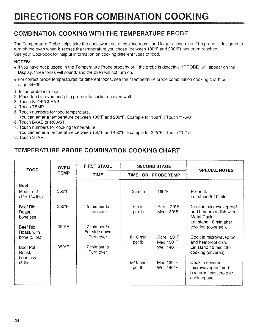 Sears 89951, 89952, 89950 manual DiRECTiONS for COMBiNATiON Cooking, Combination Cooking with the Temperature Probe, Oven 