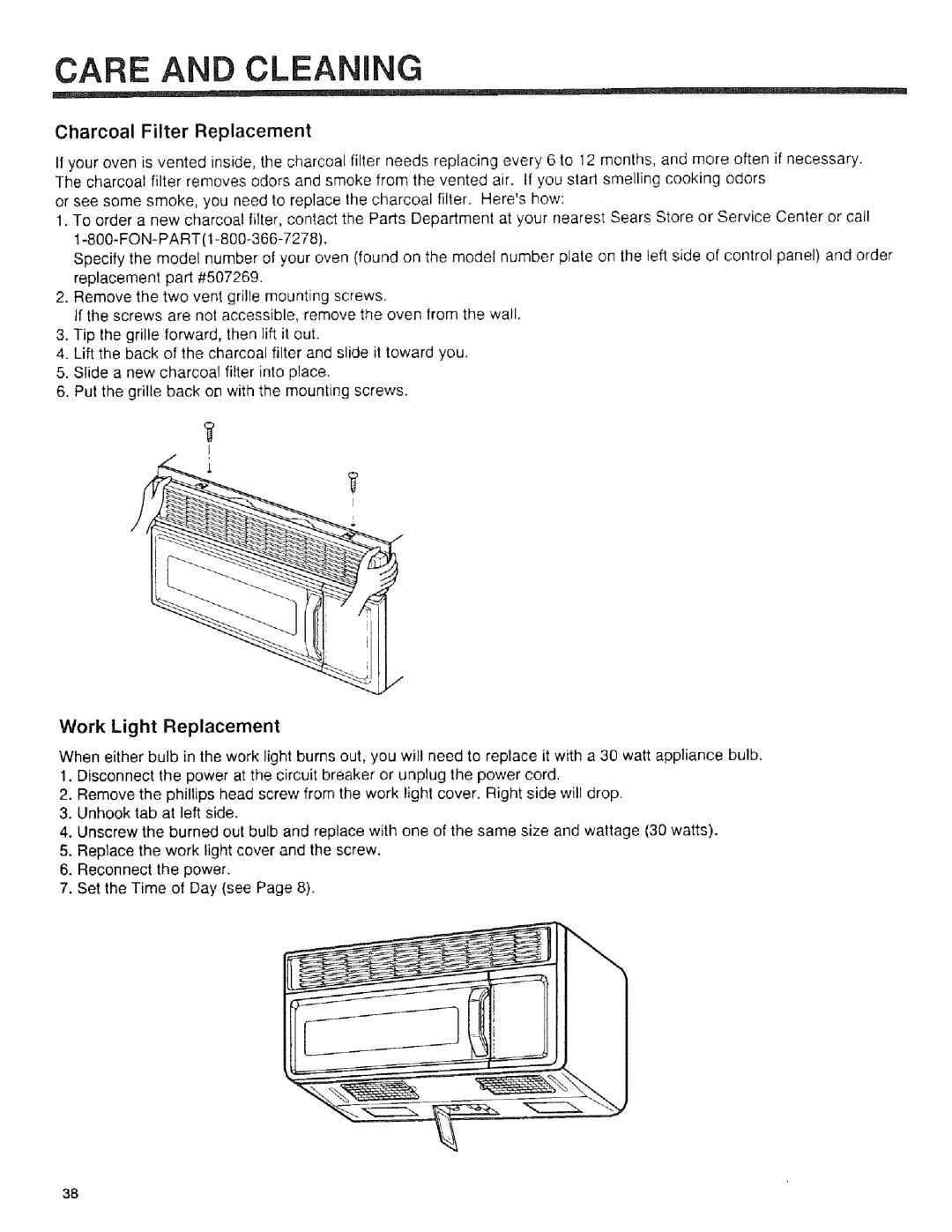 Sears 89950, 89952, 89951 manual Care and CLEANaNG, Charcoal Filter Replacement 