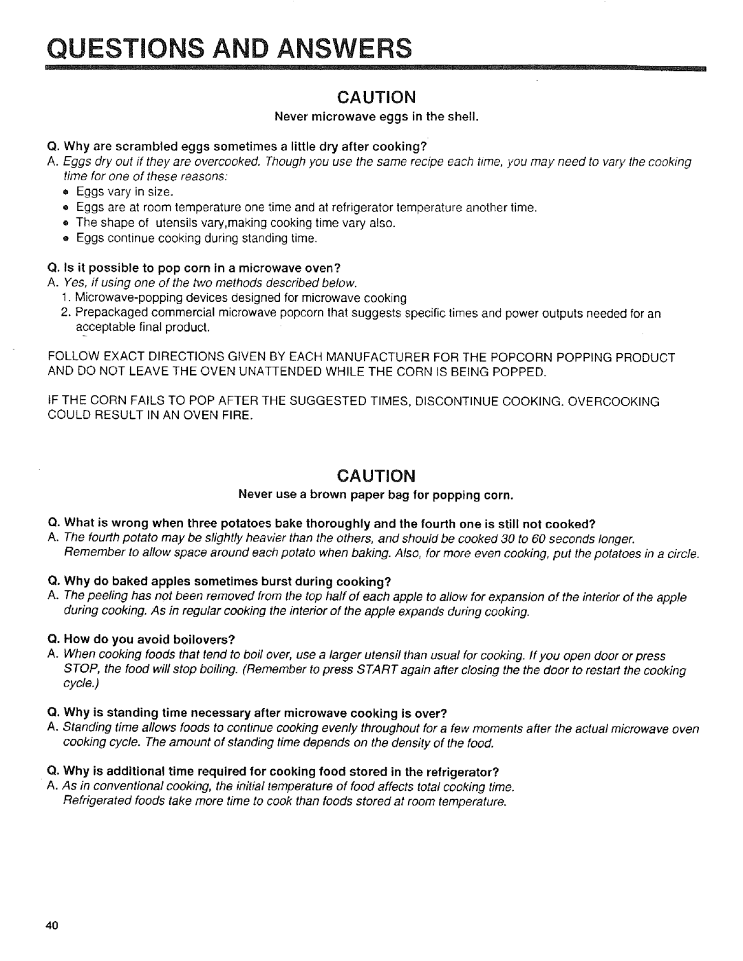 Sears 89951, 89952 Questions and Answers, Is it possible to pop corn in a microwave oven?, How do you avoid boilovers? 