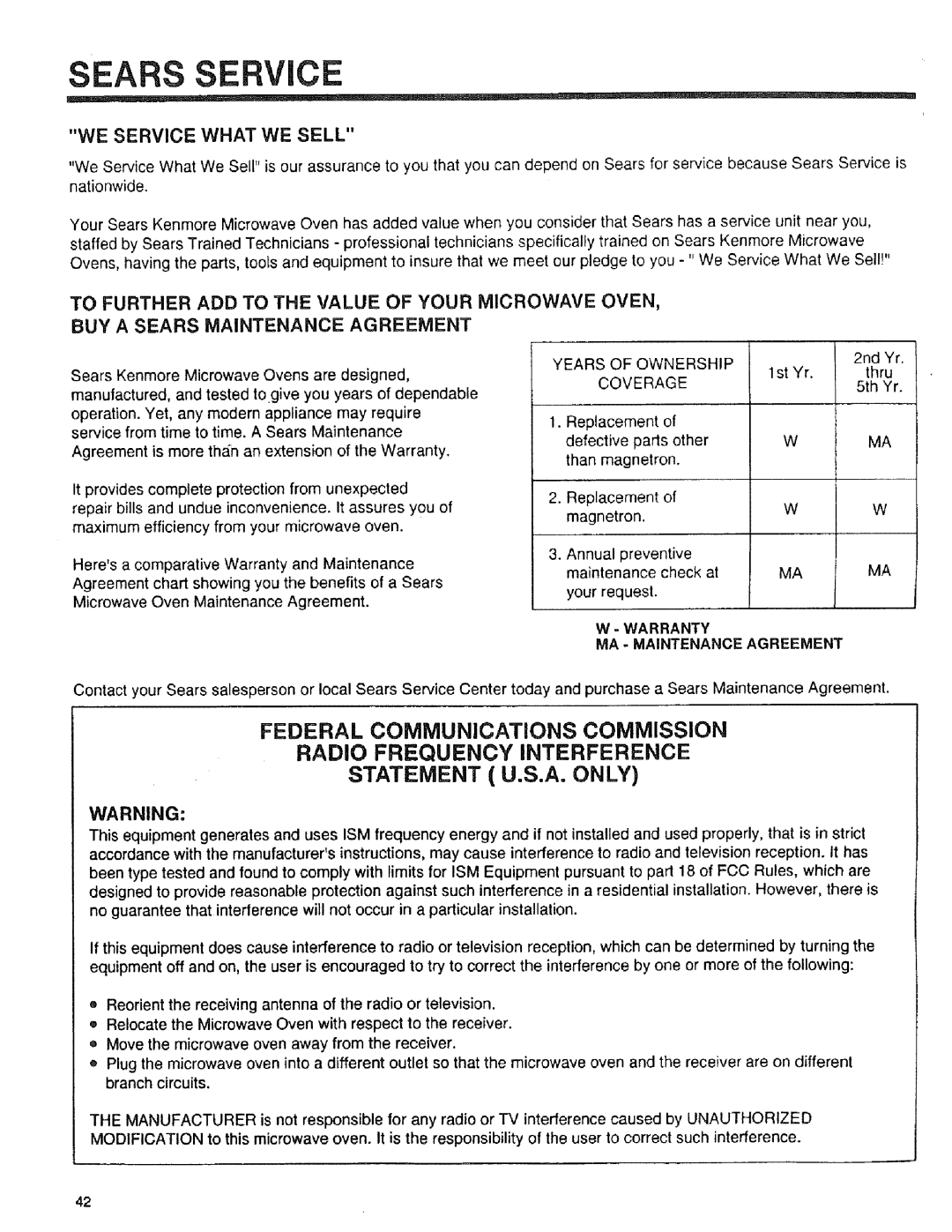 Sears 89952, 89951, 89950 manual Statement U.S.A. only, Years of Ownership, Coverage, Warranty MA Maintenance Agreement 