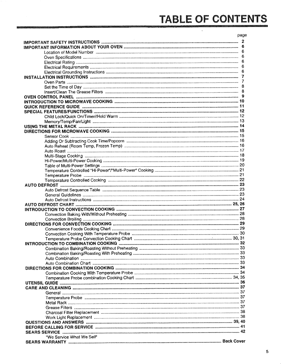 Sears 89950, 89952, 89951 manual Table of Contents 