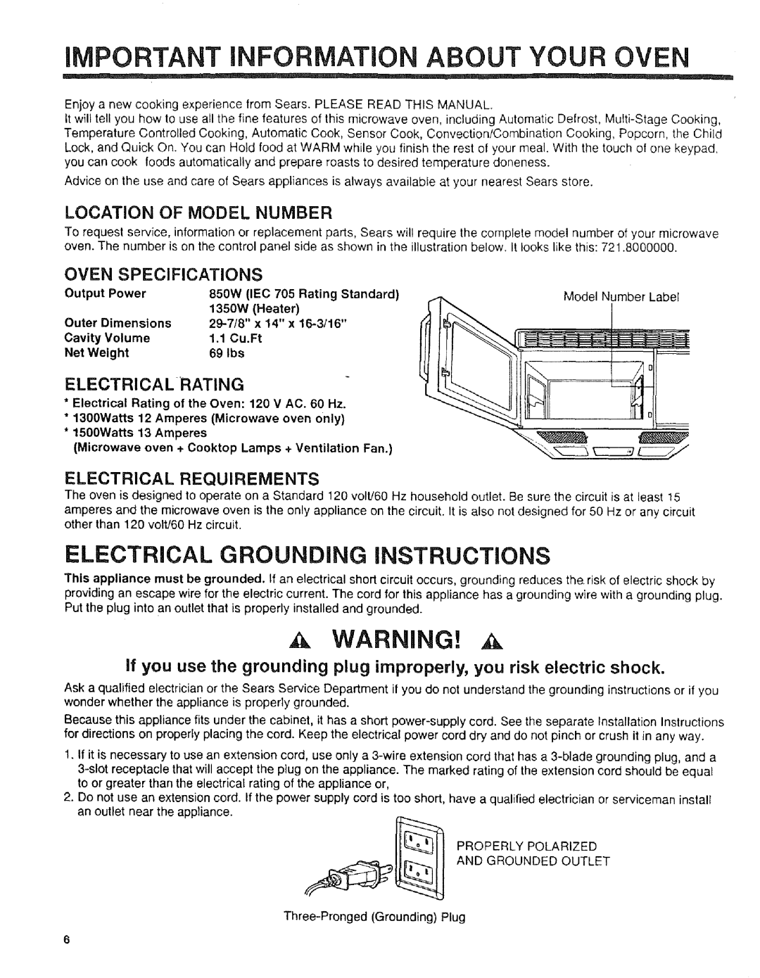 Sears 89952, 89951 IMPORTANT Information about Your Oven, Location of Model Number, Oven Specifications, Electricalrating 