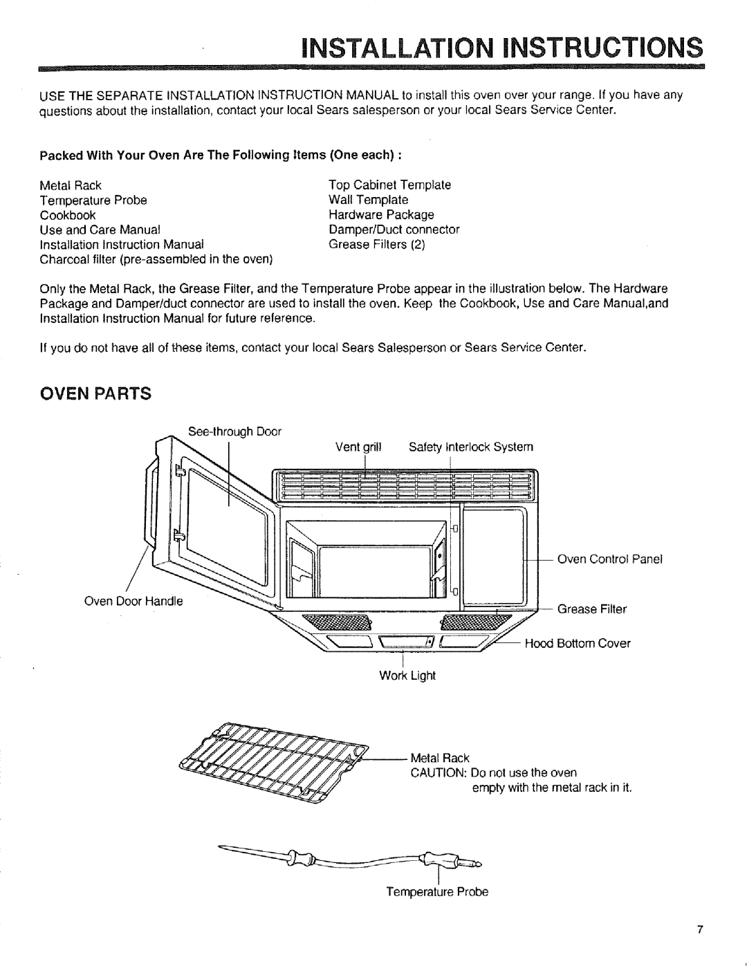 Sears 89951, 89952, 89950 manual Oven Parts, Packed With Your Oven Are The Following Items One each 