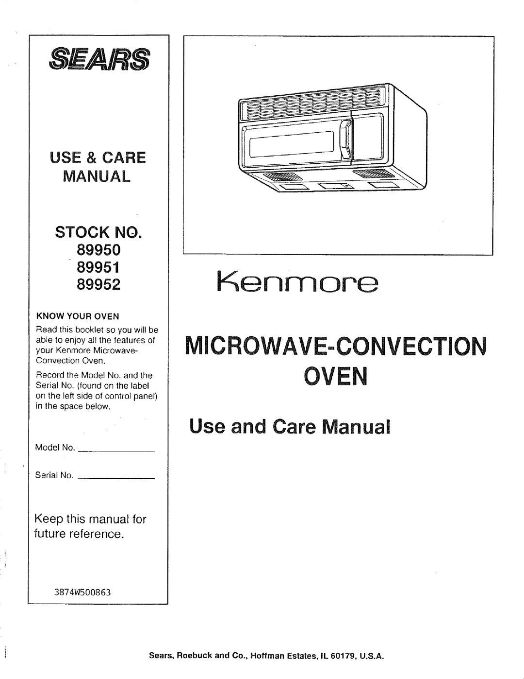 Sears manual Kenmore, Icrowave-Convectionove, Use and Care nual, Use & Care, Manual, STOCK NO. 89950 89951, S_S/Avrs 