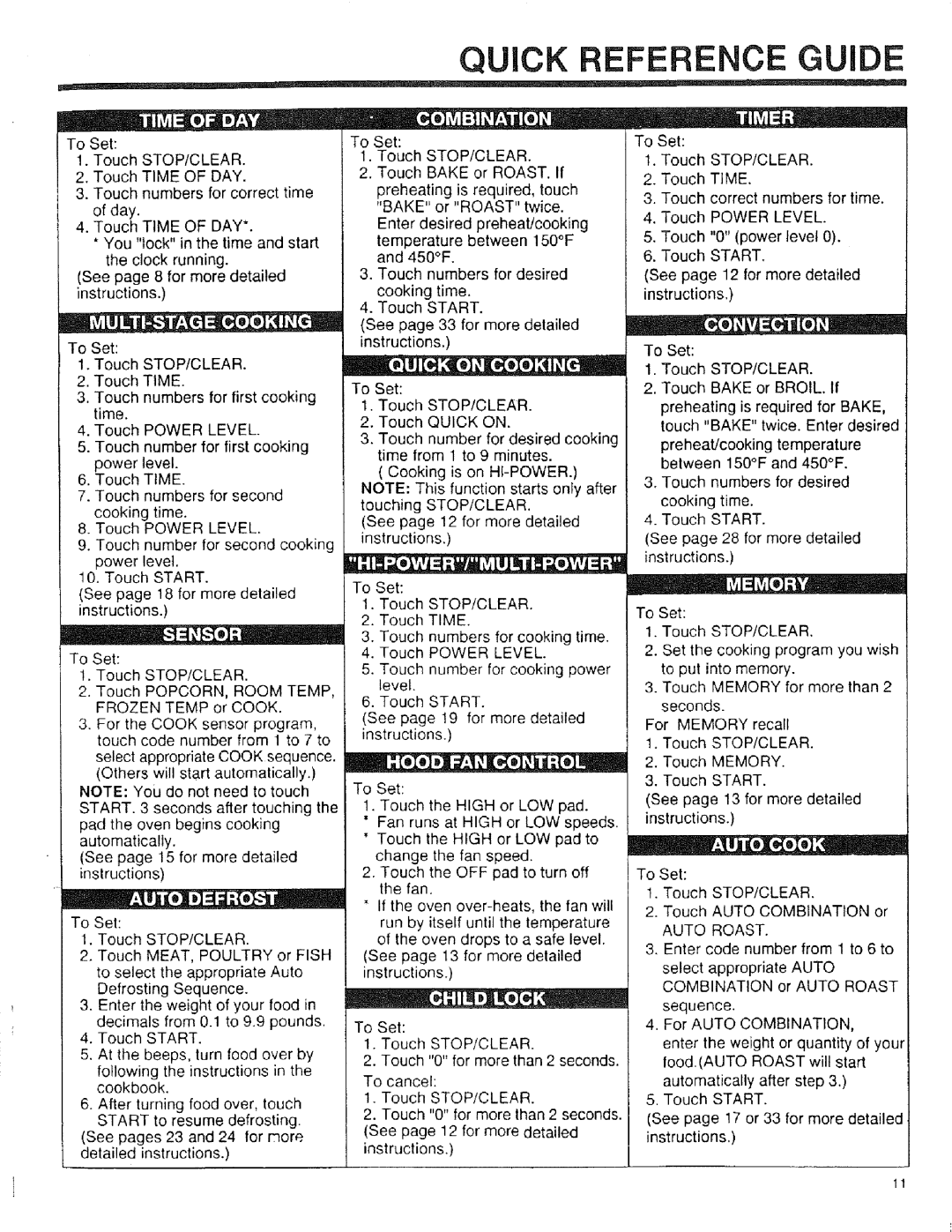 Sears 89950, 89952, 89951 manual Quick Reference Guide 
