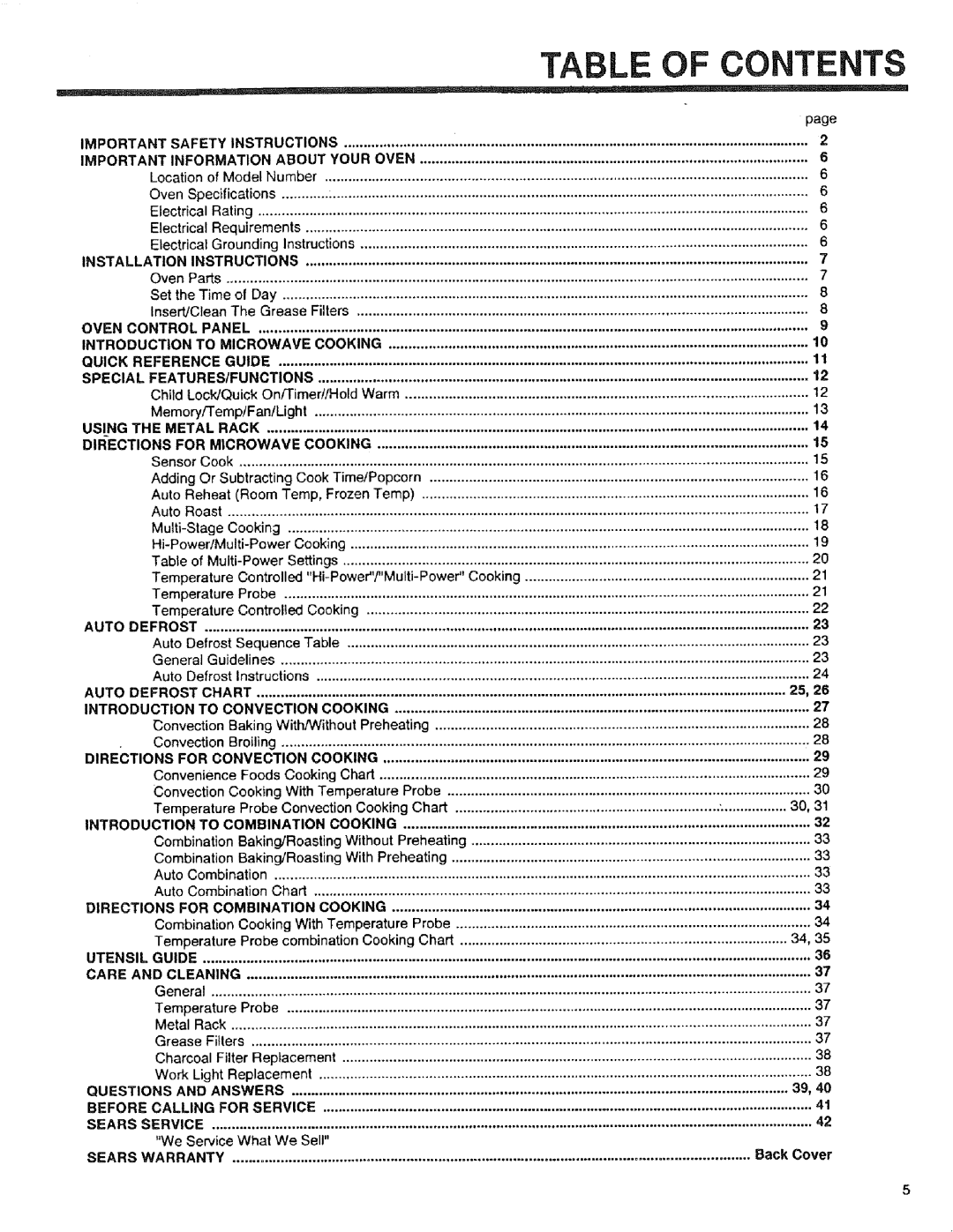 Sears 89950, 89952, 89951 manual Table Of Contents 