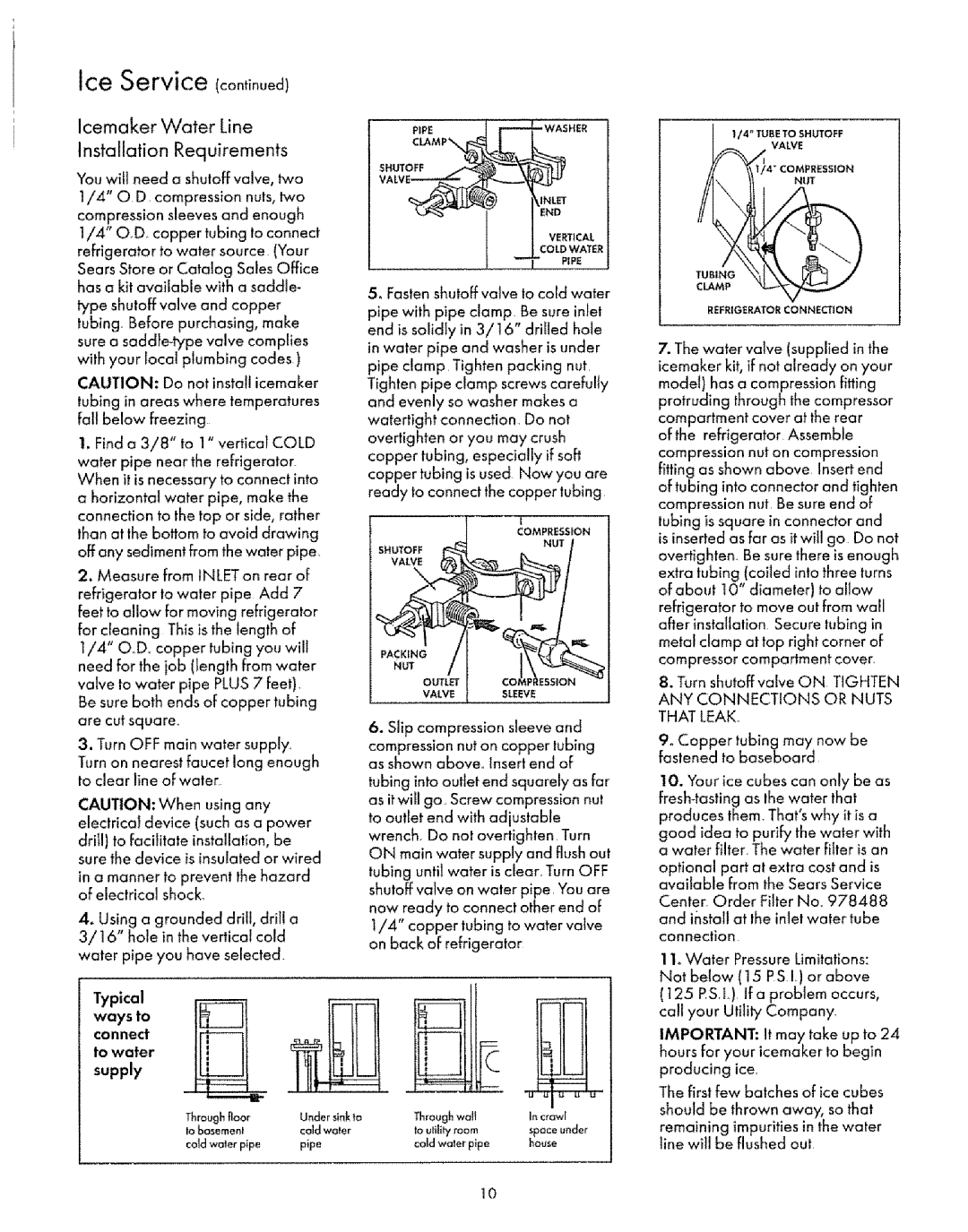 Sears 8EAIRS owner manual Icemaker Water Line Installation Requirements, Ways to connect To water Typical supply 