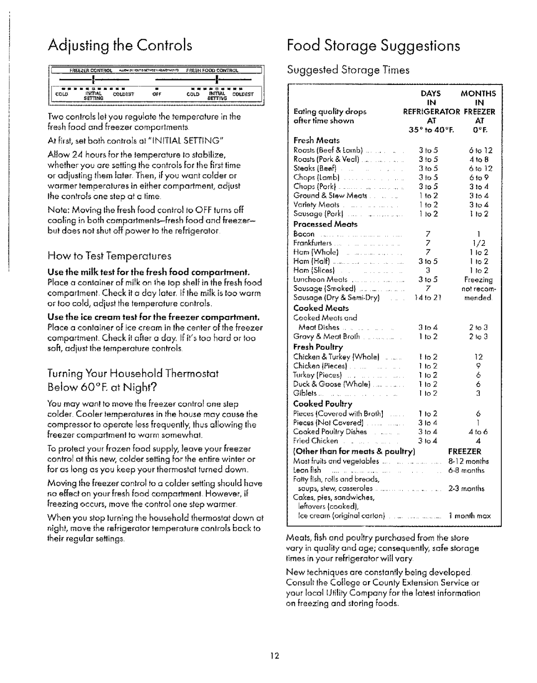 Sears 8EAIRS Adjusting the Controls, Food Storage Suggestions, Suggested Storage Times, How to Test Temperatures 