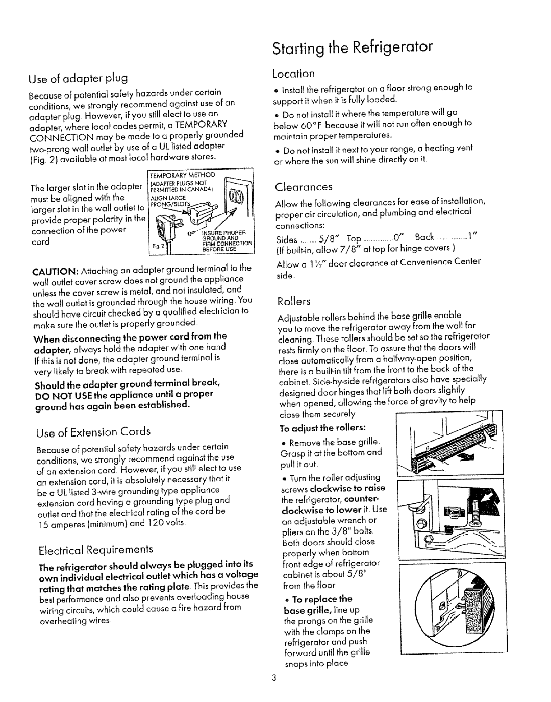 Sears 8EAIRS Starting the Refrigerator, Use of adapter plug, Use of Extension Cords, EJectrica! Requirements, Rollers 