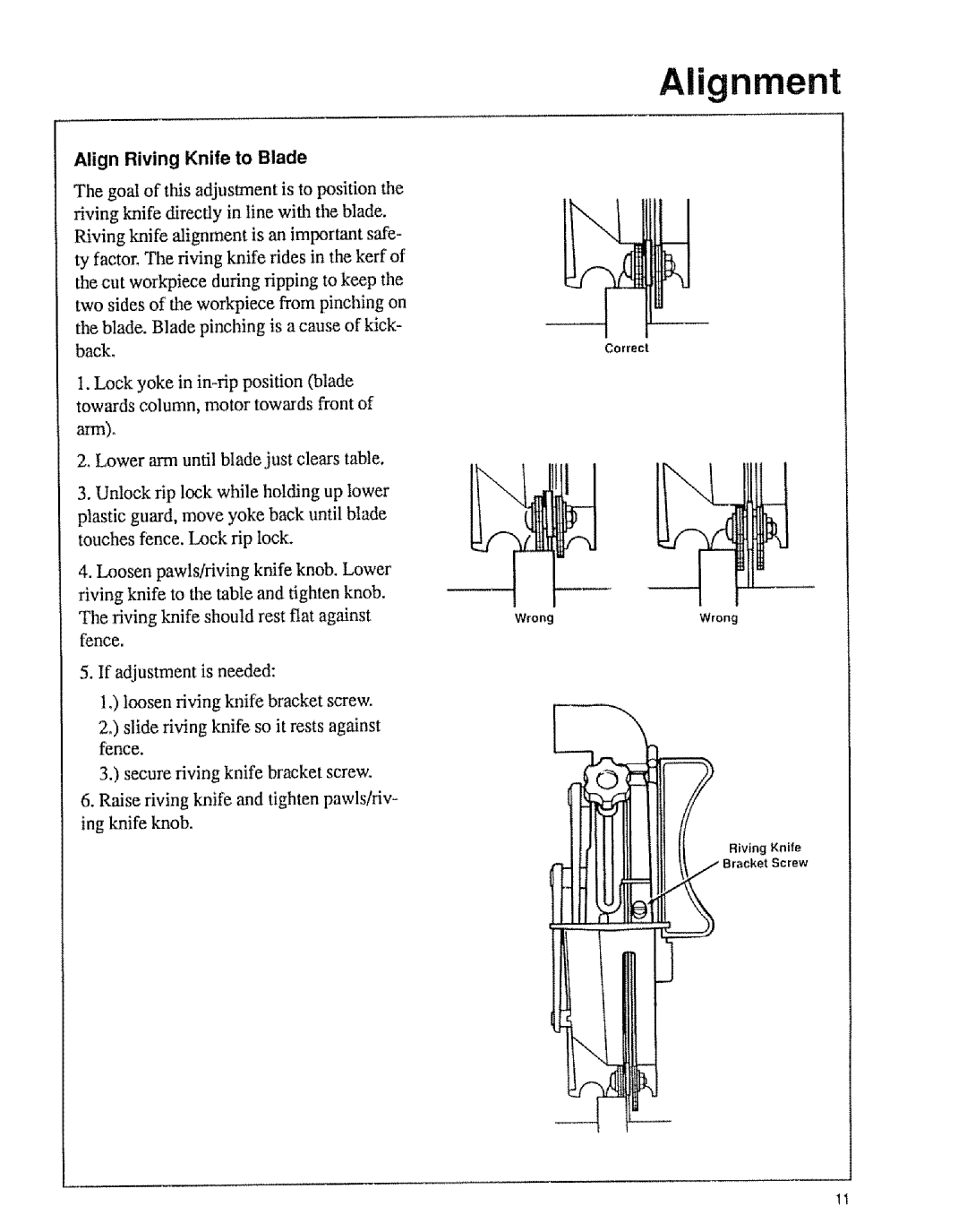 Sears 9-29013, 9-29012 owner manual Align Riving Knife to Blade, Lower arm until blade just clears table 