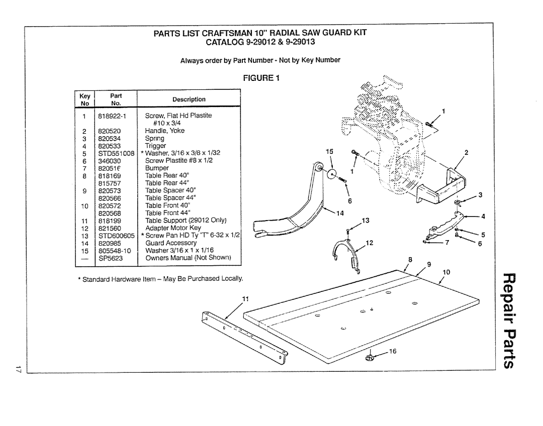 Sears 9-29013 owner manual Parts List Craftsman 10 Radial SAW Guard KIT, Catalog 9-29012 