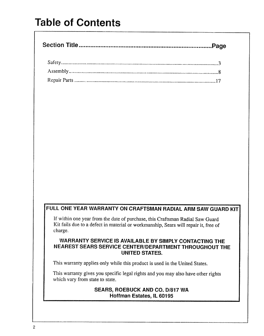 Sears 9-29012, 9-29013 owner manual Table of Contents 