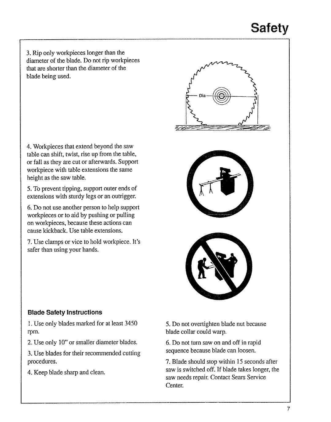 Sears 9-29013, 9-29012 owner manual Blade Safety Instructions, Use only blades marked for at least 