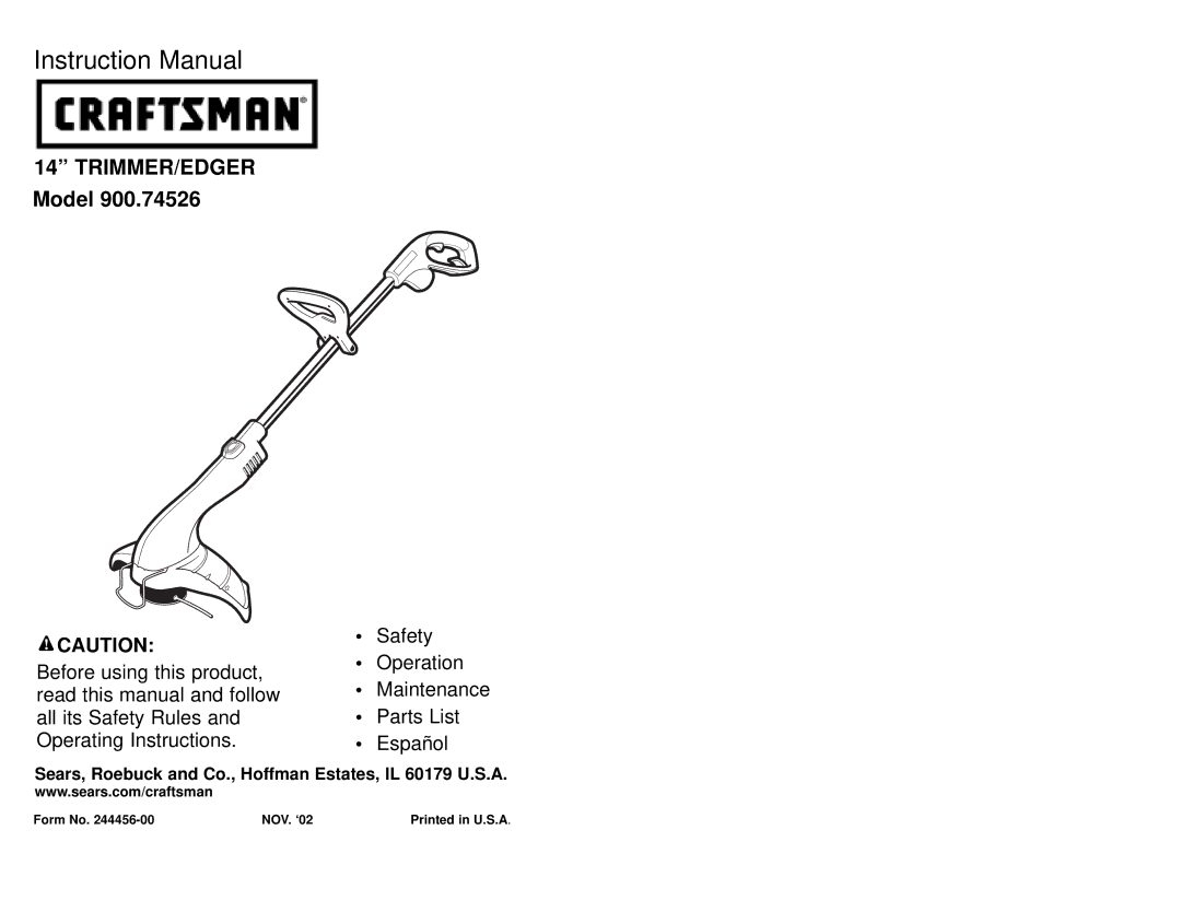 Sears 900.74526 instruction manual Trimmer/Edger 