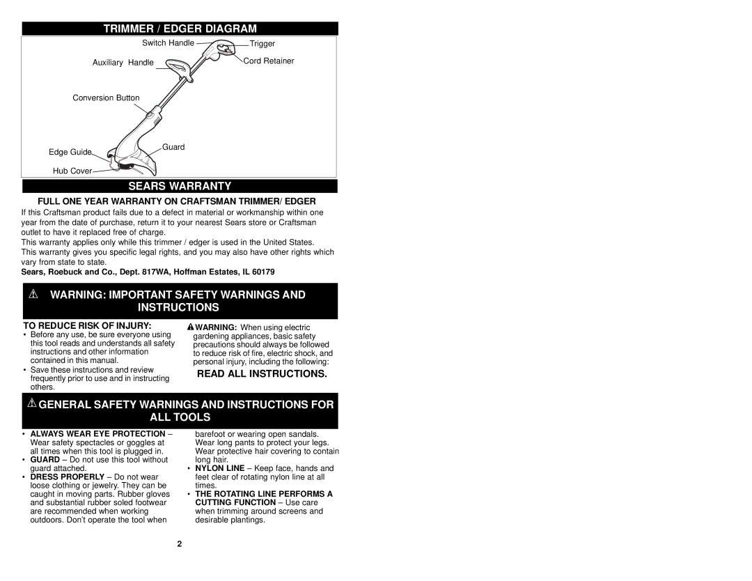 Sears 900.74526 Trimmer / Edger Diagram, Sears Warranty, Instructions, Full ONE Year Warranty on Craftsman TRIMMER/ Edger 