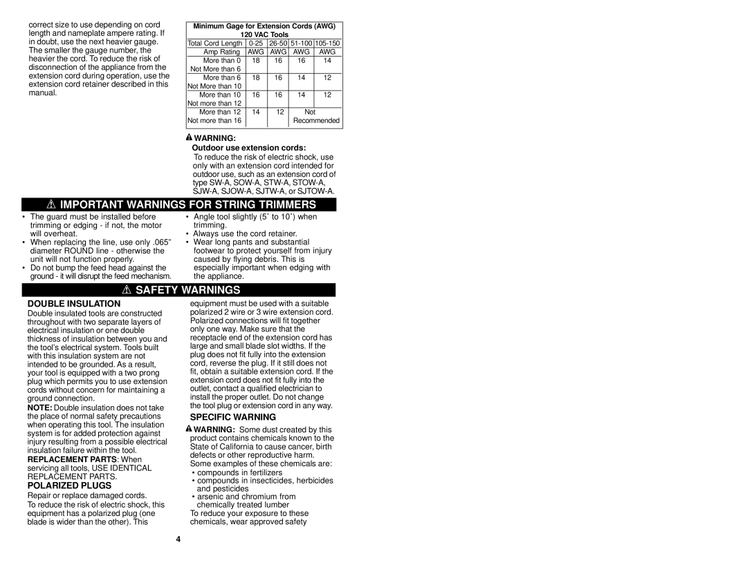 Sears 900.74526 Important Warnings for String Trimmers, Safety Warnings, Polarized Plugs, Specific Warning 