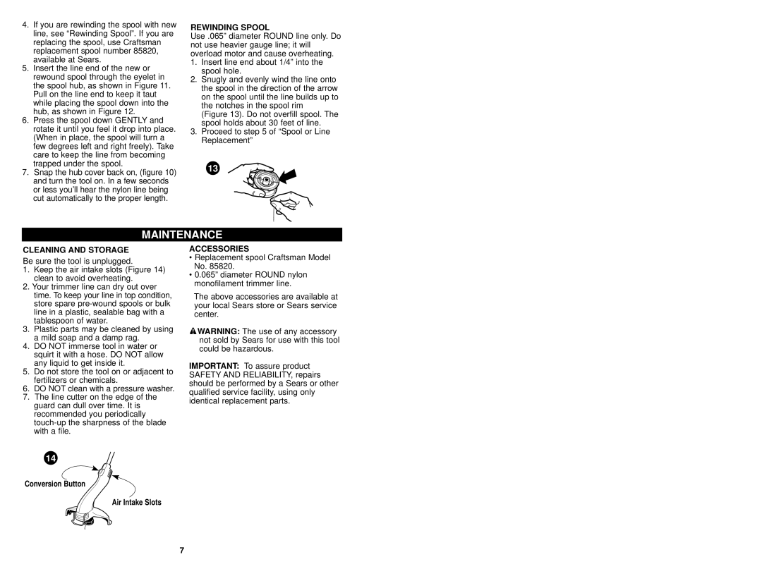 Sears 900.74526 instruction manual Maintenance, Rewinding Spool, Cleaning and Storage, Accessories 